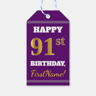 Purple, Faux Gold 91st Birthday + Custom Name Gift Tags