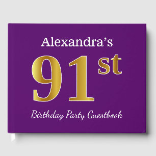 Purple, Faux Gold 91st Birthday Party; Custom Name Guest Book