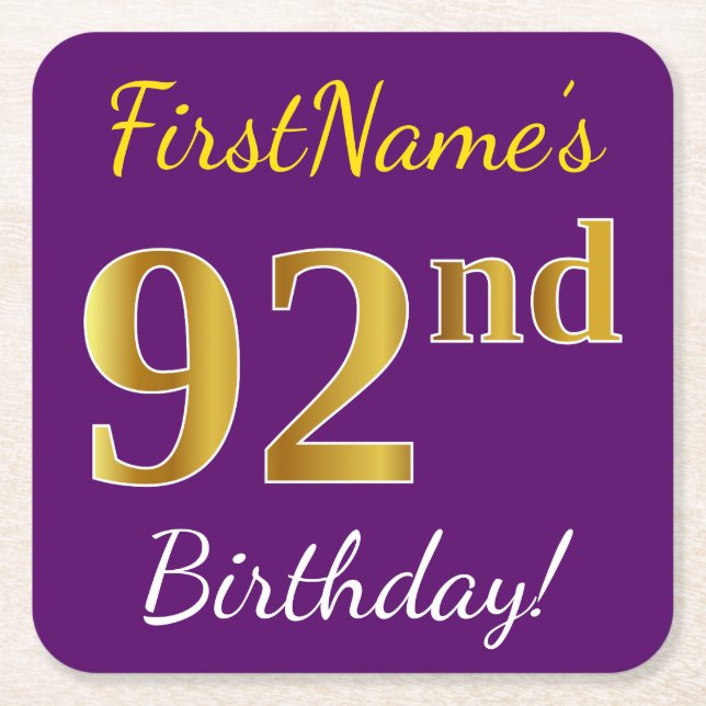 Purple, Faux Gold 92nd Birthday + Custom Name Square Paper Coaster (Front)