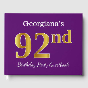 Purple, Faux Gold 92nd Birthday Party; Custom Name Guest Book
