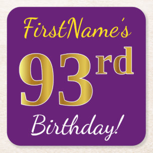 Purple, Faux Gold 93rd Birthday + Custom Name Square Paper Coaster