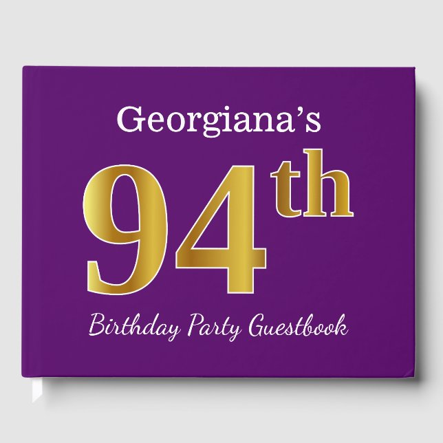 Purple, Faux Gold 94th Birthday Party; Custom Name Guest Book (Front)