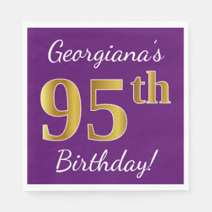 Purple, Faux Gold 95th Birthday + Custom Name Napkin