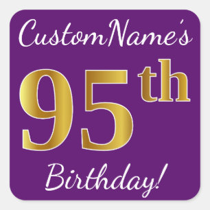 Purple, Faux Gold 95th Birthday + Custom Name Square Sticker