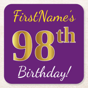 Purple, Faux Gold 98th Birthday + Custom Name Square Paper Coaster