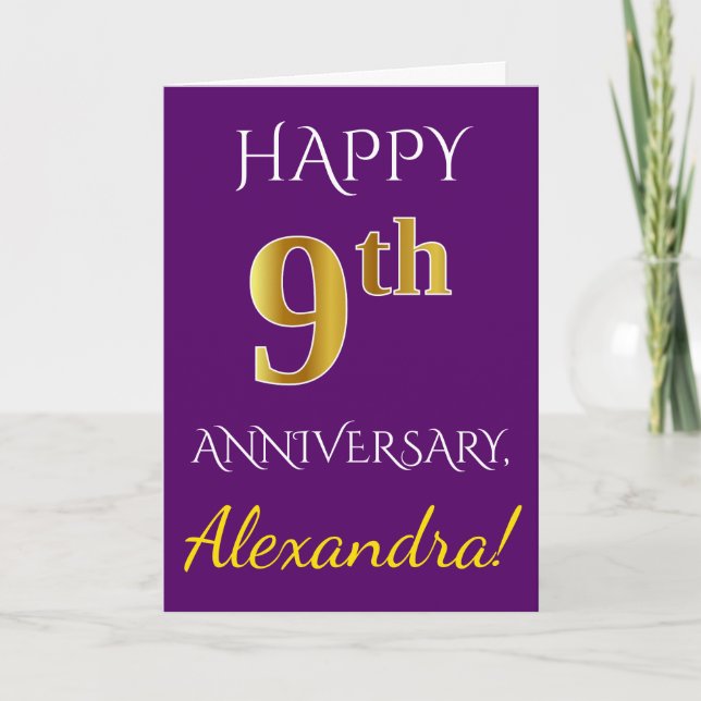 Purple, Faux Gold 9th Wedding Anniversary + Name Card (Front)
