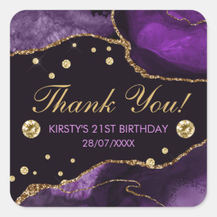 Purple & Faux Gold Glitter Agate Birthday Square Sticker