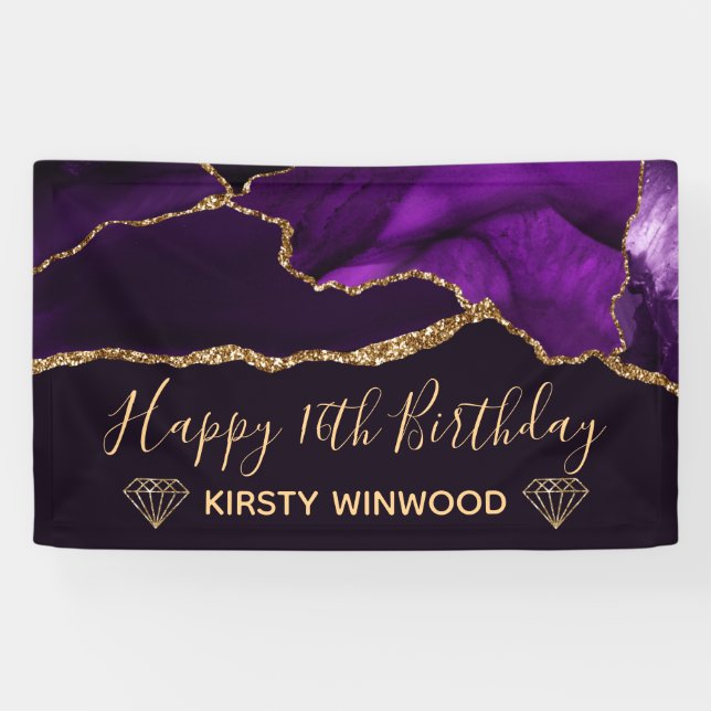 Purple & Faux Gold Glitter Agate Sweet 16 Banner (Horizontal)
