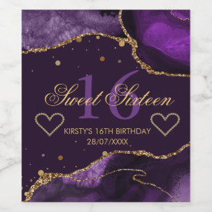 Purple & Faux Gold Glitter Agate Sweet 16 Wine Label