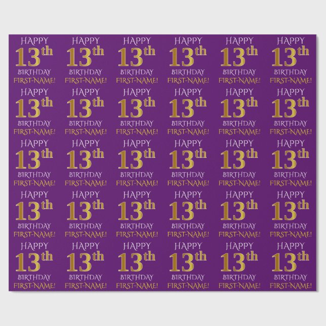 Purple, Faux Gold "HAPPY 13th BIRTHDAY" Wrapping Paper (Flat)