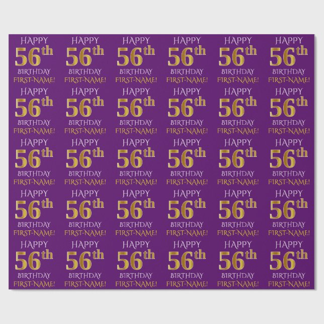 Purple, Faux Gold "HAPPY 56th BIRTHDAY" Wrapping Paper (Flat)