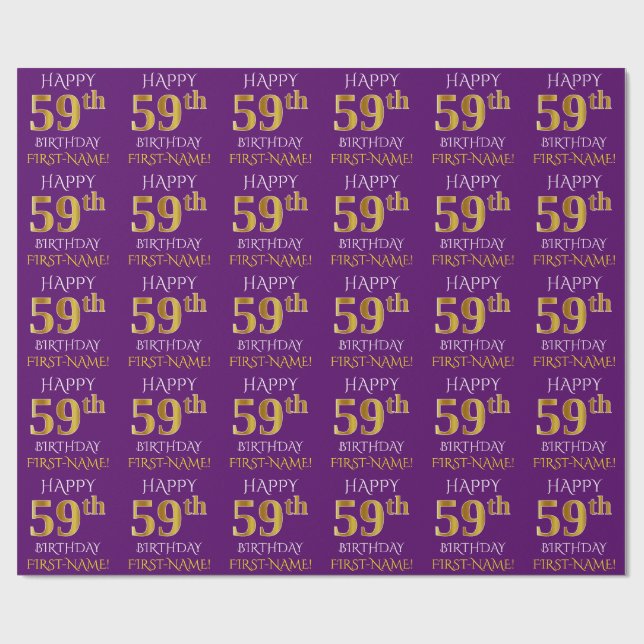 Purple, Faux Gold "HAPPY 59th BIRTHDAY" Wrapping Paper (Flat)