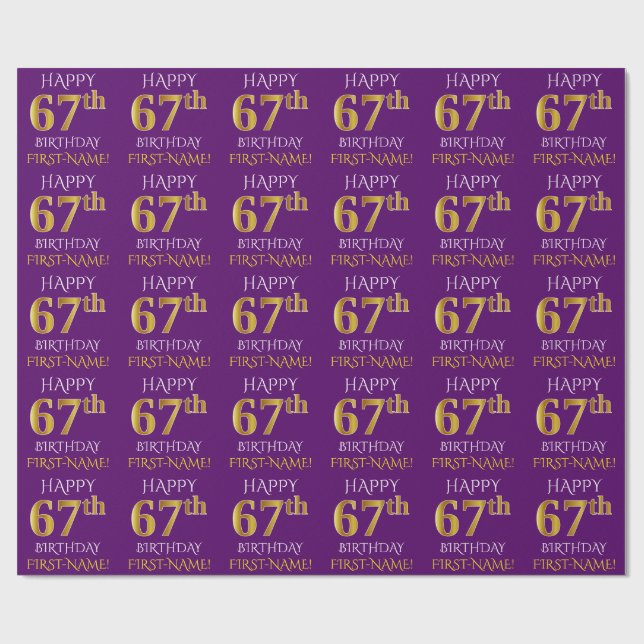 Purple, Faux Gold "HAPPY 67th BIRTHDAY" Wrapping Paper (Flat)