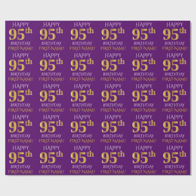 Purple, Faux Gold "HAPPY 95th BIRTHDAY" Wrapping Paper (Flat)