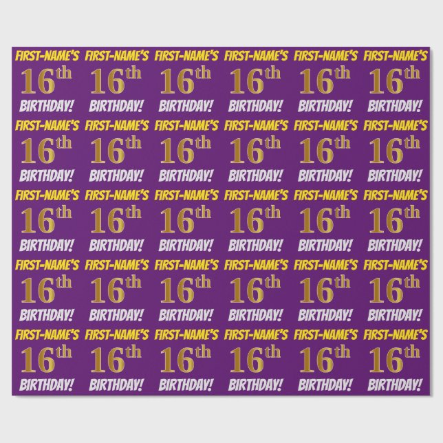 Purple, Faux/Imitation Gold, "16th BIRTHDAY" Wrapping Paper (Flat)