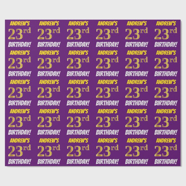 Purple, Faux/Imitation Gold, "23rd BIRTHDAY" Wrapping Paper (Flat)