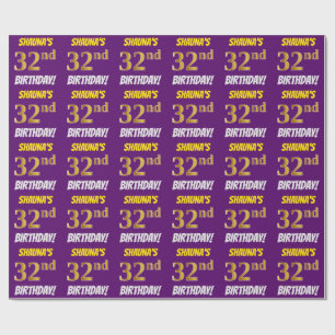 Purple, Faux/Imitation Gold, "32nd BIRTHDAY" Wrapping Paper