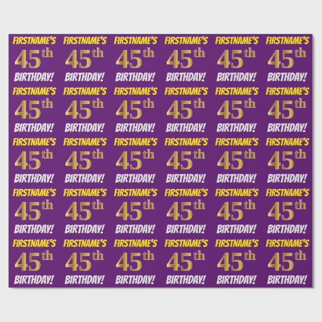 Purple, Faux/Imitation Gold, "45th BIRTHDAY" Wrapping Paper (Flat)