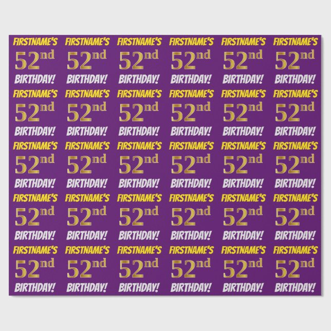 Purple, Faux/Imitation Gold, "52nd BIRTHDAY" Wrapping Paper (Flat)