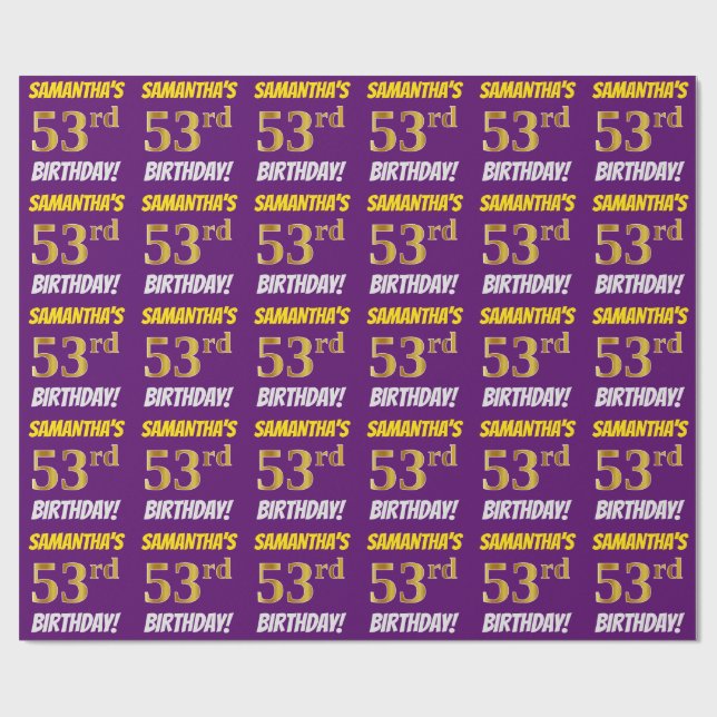 Purple, Faux/Imitation Gold, "53rd BIRTHDAY" Wrapping Paper (Flat)