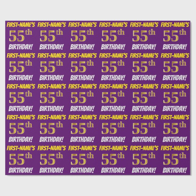Purple, Faux/Imitation Gold, "55th BIRTHDAY" Wrapping Paper (Flat)