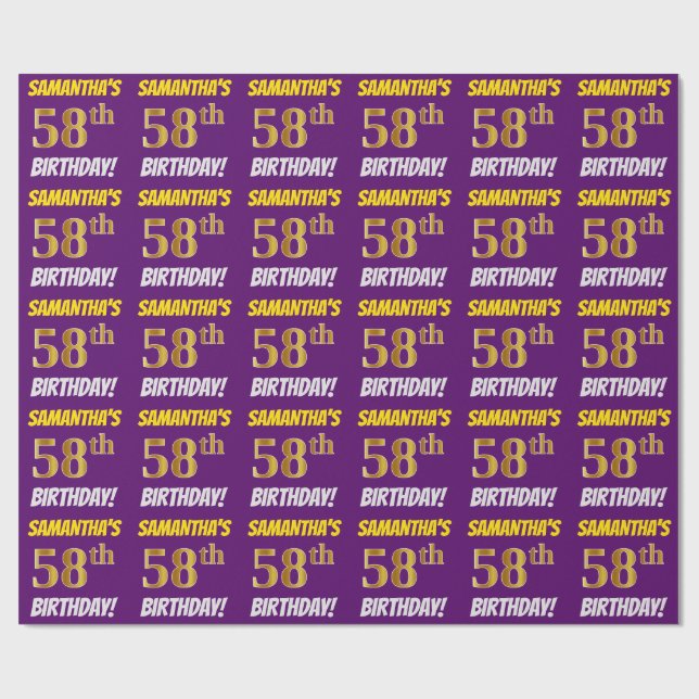 Purple, Faux/Imitation Gold, "58th BIRTHDAY" Wrapping Paper (Flat)