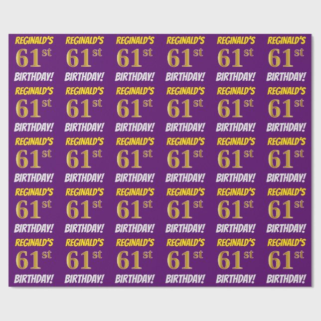 Purple, Faux/Imitation Gold, "61st BIRTHDAY" Wrapping Paper (Flat)