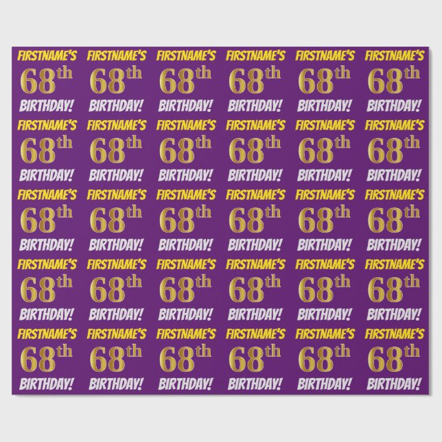 Purple, Faux/Imitation Gold, "68th BIRTHDAY" Wrapping Paper (Flat)