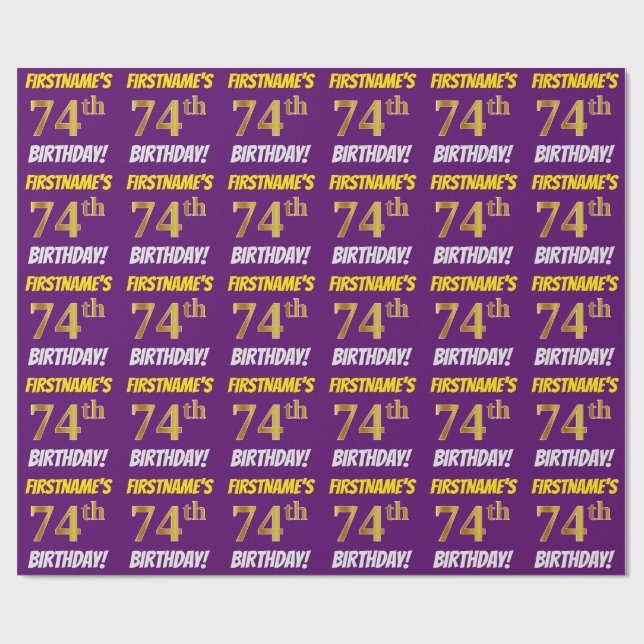 Purple, Faux/Imitation Gold, "74th BIRTHDAY" Wrapping Paper (Flat)
