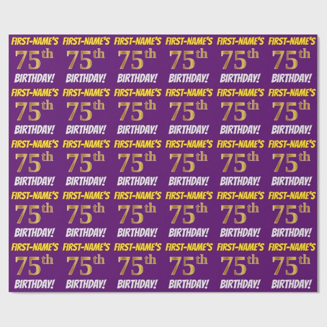 Purple, Faux/Imitation Gold, "75th BIRTHDAY" Wrapping Paper (Flat)