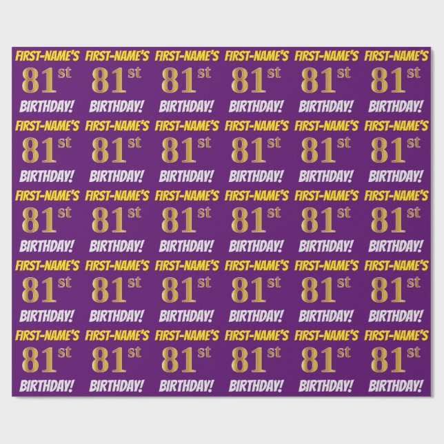 Purple, Faux/Imitation Gold, "81st BIRTHDAY" Wrapping Paper (Flat)