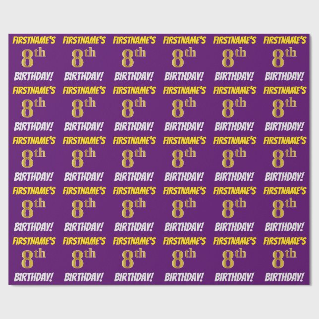 Purple, Faux/Imitation Gold, "8th BIRTHDAY" Wrapping Paper (Flat)