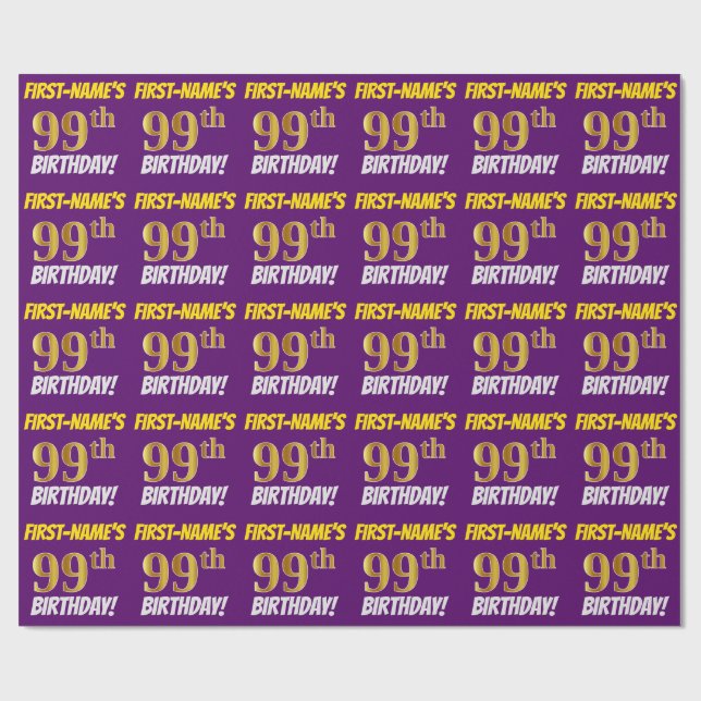Purple, Faux/Imitation Gold, "99th BIRTHDAY" Wrapping Paper (Flat)