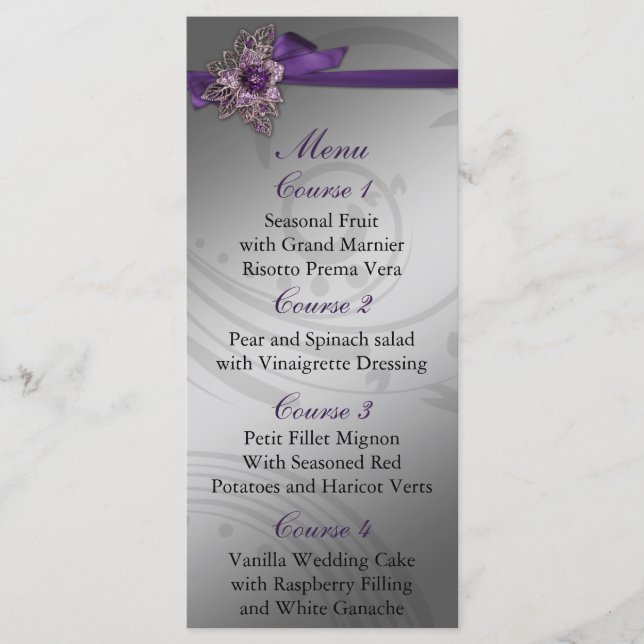 Purple FAUX ribbon vintage brooch Wedding Menu (Front)
