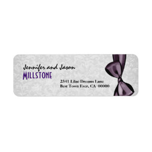 Purple Faux Satin Bow Modern Lettering on Damask