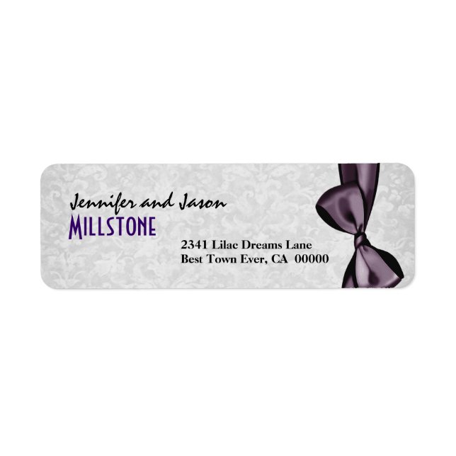 Purple Faux Satin Bow Modern Lettering on Damask (Front)