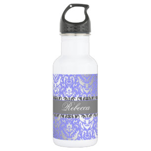 Purple Faux Shimmer Silver Damask with Your Name 532 Ml Water Bottle