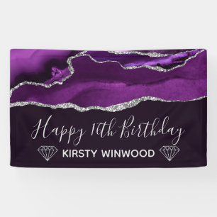 Purple & Faux Silver Glitter Agate Sweet 16 Banner