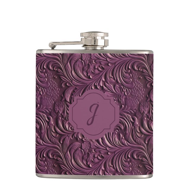 Purple Faux Tooled Leather Vinyl  Hip Flask (Front)