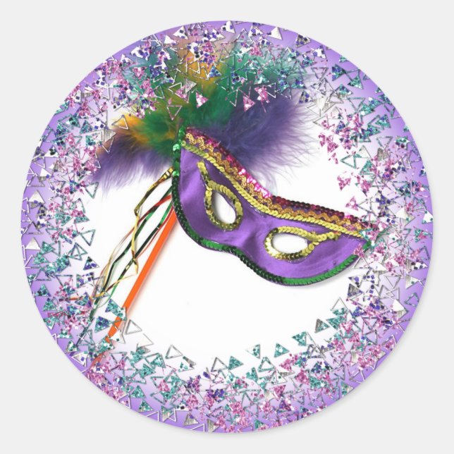 Purple Feather Mask Masquerade Party Classic Round Sticker (Front)