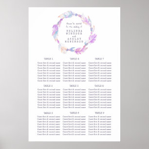 Purple feather watercolor wedding table plan poster