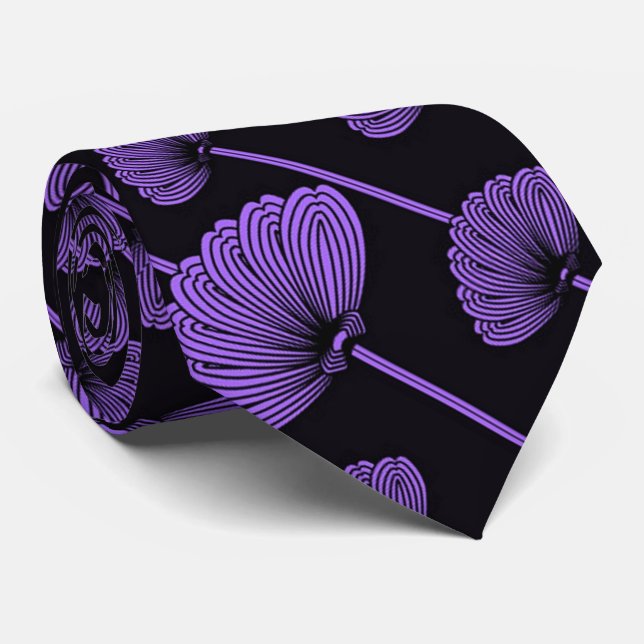 Purple Feathered Floral Fans Pattern Tie (Rolled)