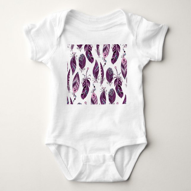 Purple Feathers: Vintage Ornamental Seamless. Baby Bodysuit (Front)