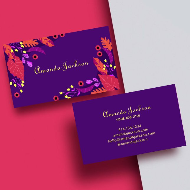 Purple Feminine Girly Pink Leaves Typography  Business Card (Creator Uploaded)