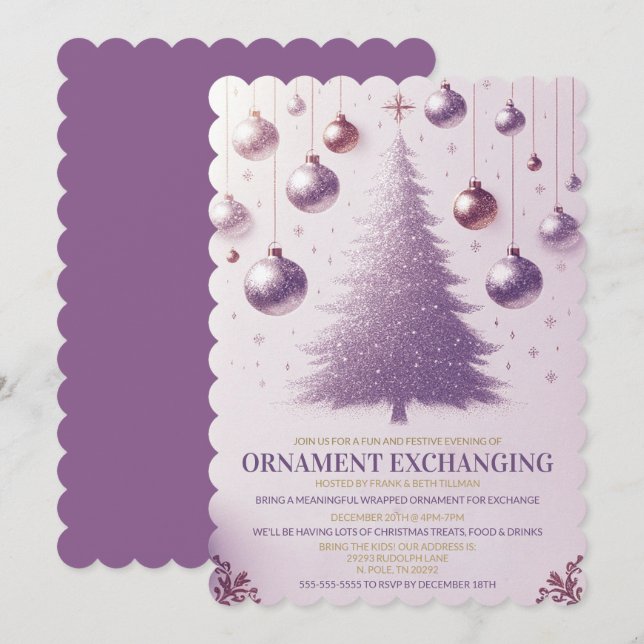 Purple Festive Christmas Ornament Exchange Party Invitation (Front/Back)