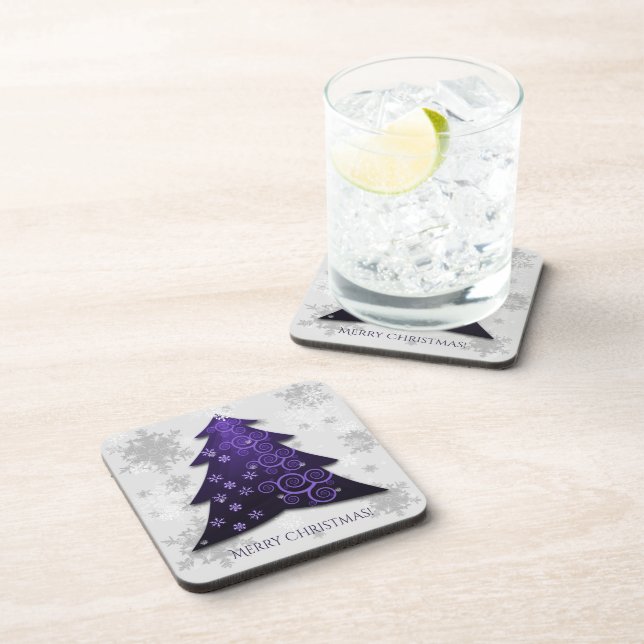 Purple Festive Christmas Tree Plastic Coaster (Right Side)