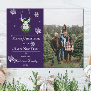 Purple Festive Reindeer Holiday Photo Card