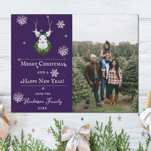 Purple Festive Reindeer Holiday Photo Card (Purple Festive Reindeer Holiday Photo Card)