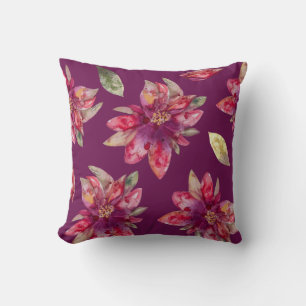 Purple Festive Watercolor Poinsettia Pillow