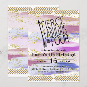 Purple Fierce Fabulous & four 4th Birthday Invitation